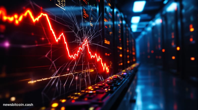 Cinematic photorealistic editorial photograph of a dark server room interior with rows of cryptocurrency mining rigs, their i