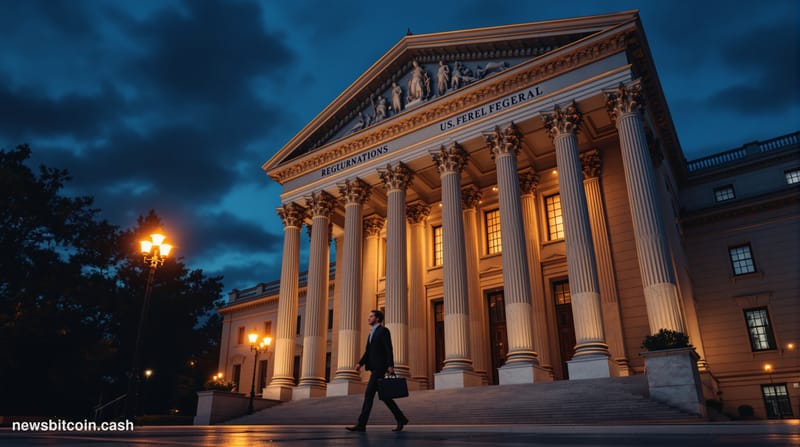 Cinematic photorealistic editorial photograph of a grand neoclassical US federal regulatory building — marble columns and sto
