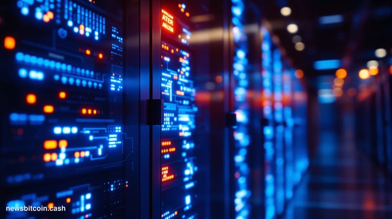 Cinematic photorealistic editorial photograph of a server infrastructure environment bathed in deep blue and amber emergency 