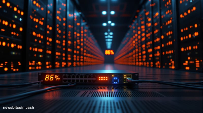 A cinematic photorealistic editorial photograph of a massive data center corridor at night, shot from a low angle looking dow