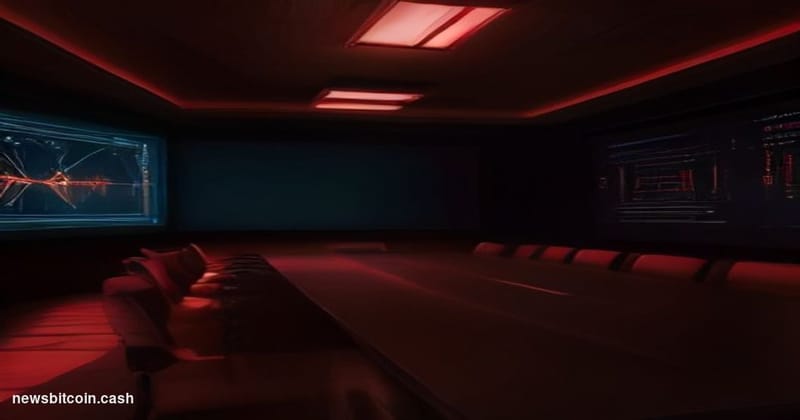 A cinematic photorealistic editorial photograph set in a dimly lit corporate war room environment, with a large high-resoluti
