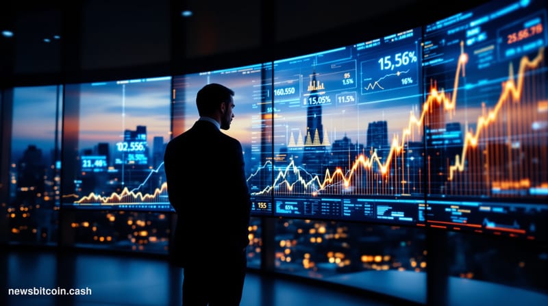 Cinematic photorealistic editorial photograph of a sleek corporate treasury operations room bathed in cool blue ambient light