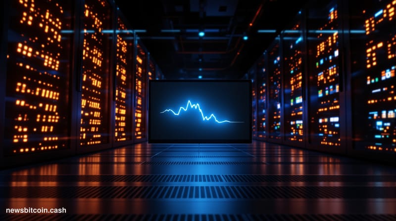 Cinematic photorealistic editorial photograph of a darkened server infrastructure corridor representing a large-scale network