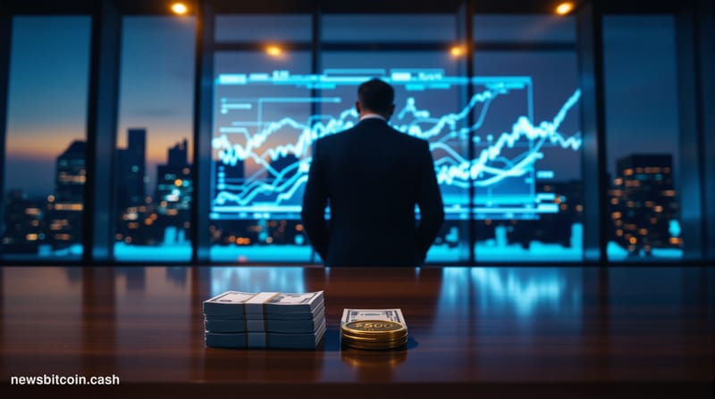 A cinematic photorealistic editorial photograph set inside a corporate treasury operations room, dramatic chiaroscuro lightin