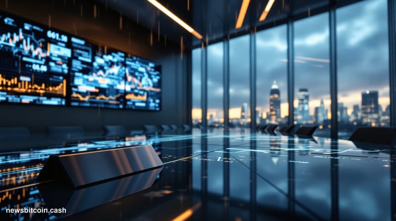 Cinematic photorealistic editorial photograph set inside a sleek high-stakes financial technology boardroom, shot from a low 