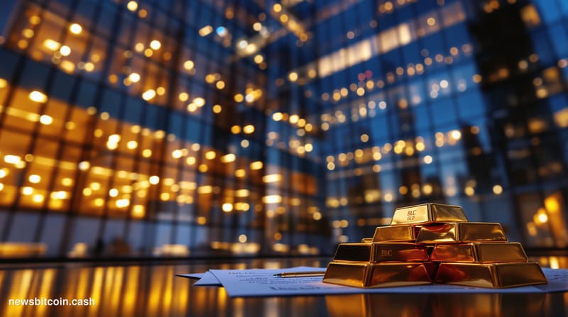 A cinematic photorealistic editorial photograph of the KPMG offices exterior — a gleaming glass-and-steel corporate tower wit
