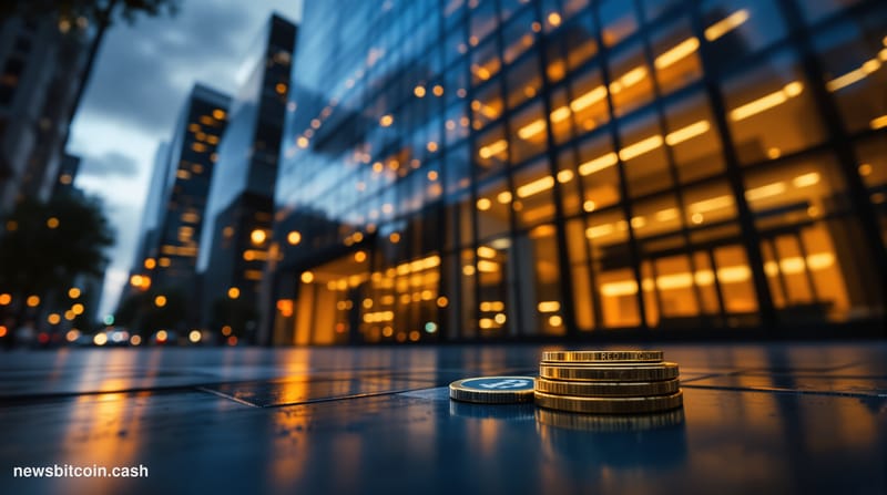 Cinematic photorealistic editorial photograph of the KPMG U.S. headquarters building exterior in New York City, shot from a l
