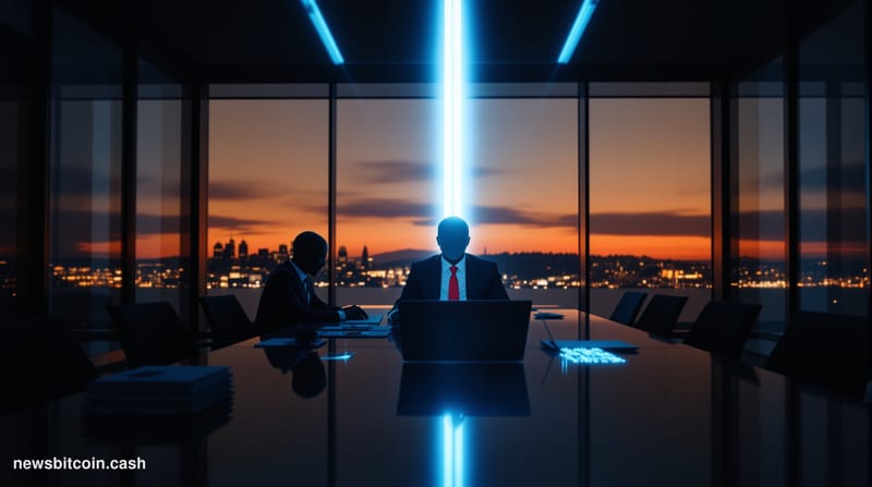 A cinematic photorealistic editorial photograph of a sleek, dimly lit venture capital boardroom split by a dramatic vertical 