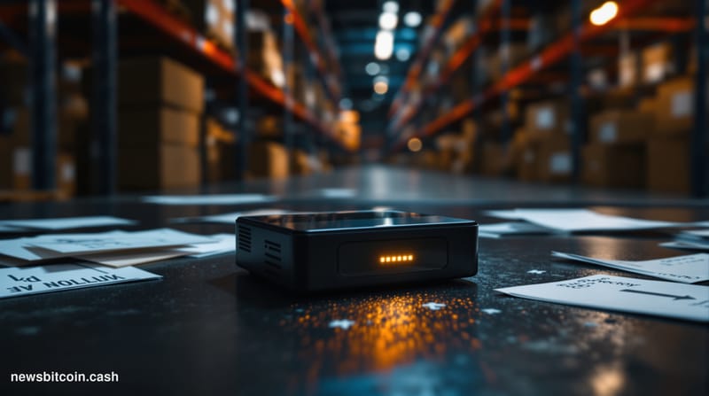 Cinematic photorealistic editorial photograph of a Trezor hardware wallet device — the iconic small black rectangular device 