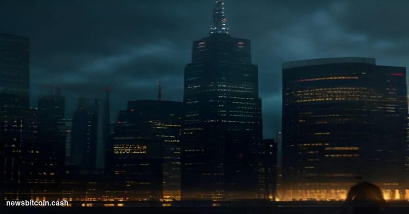 A cinematic photorealistic editorial photograph set in the City of London financial district, shot at dusk with dramatic ambe