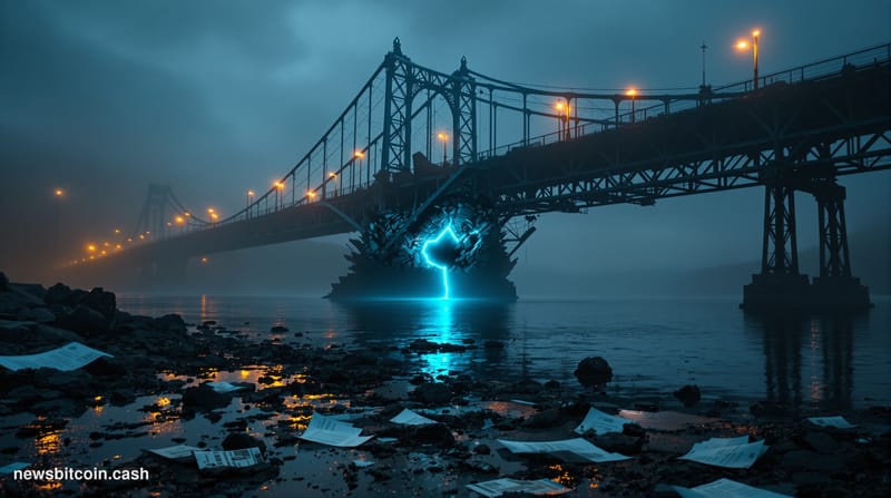 Cinematic photorealistic editorial photograph of a crumbling digital vault bridge structure rendered as physical infrastructu