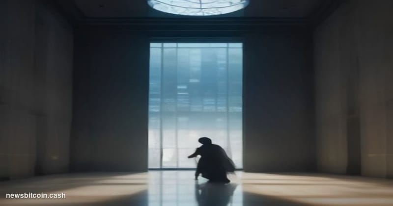 Cinematic photorealistic editorial photograph of a sleek modern banking institution interior at dusk, shot from a low angle l
