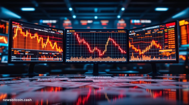 A cinematic photorealistic editorial photograph of a financial trading floor environment shot in dramatic low-key lighting, w